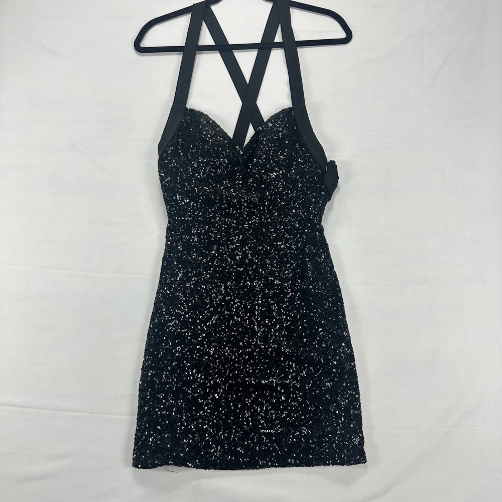 La Femme Black Sequin Bodycon Cocktail Dress Women's Size 2 Criss Cross Strap - Picture 1 of 8